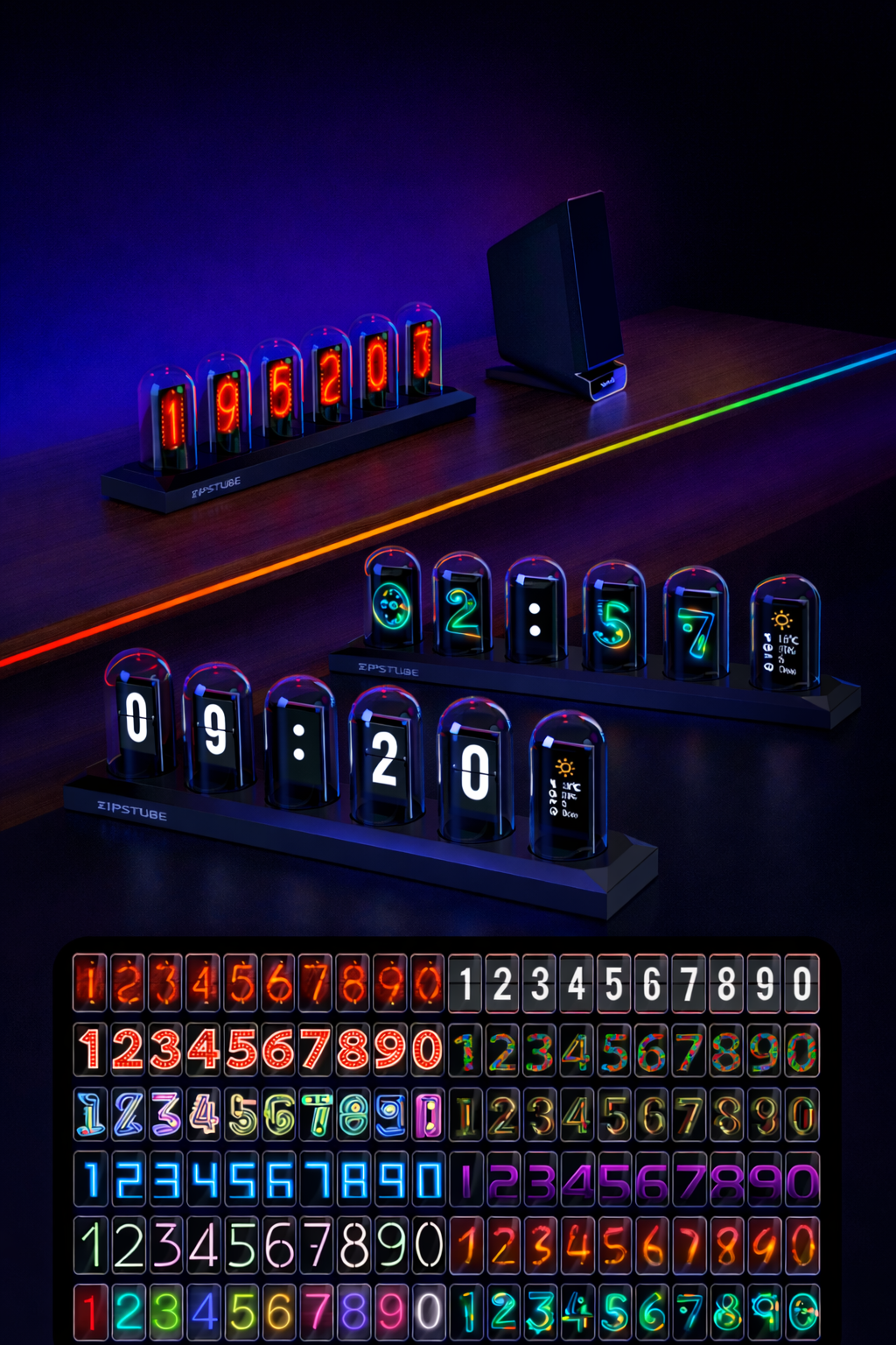 H401 Retro IPS Nixie Tube RGB Clock, Desktop Ambient Light for Gaming PC Room and Desk Setup